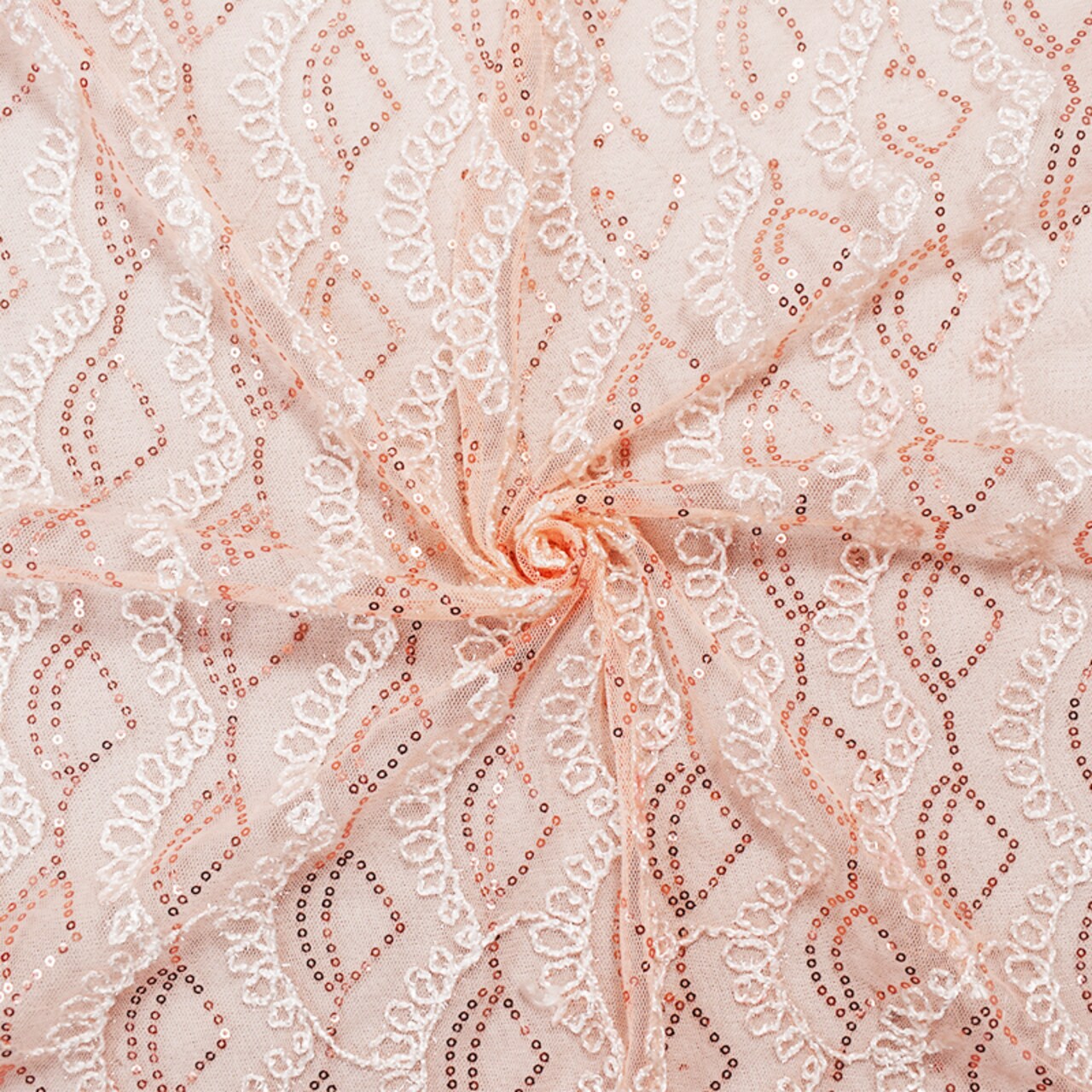 Peach Coral-White Nylon Loop Thread Embroidery Sequined Mesh Tulle Fabric By the Yard